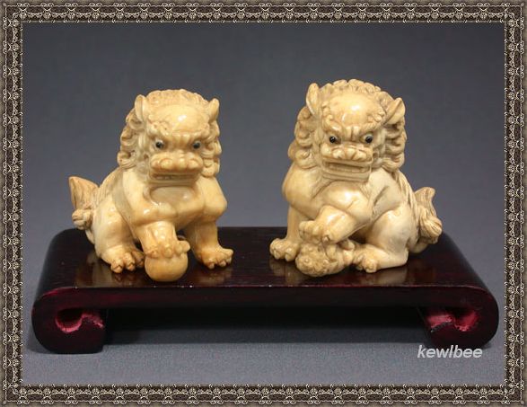 adb0685 Genuine Mammoth Tusk Netsuke A Pair Of Lion - Click Image to Close